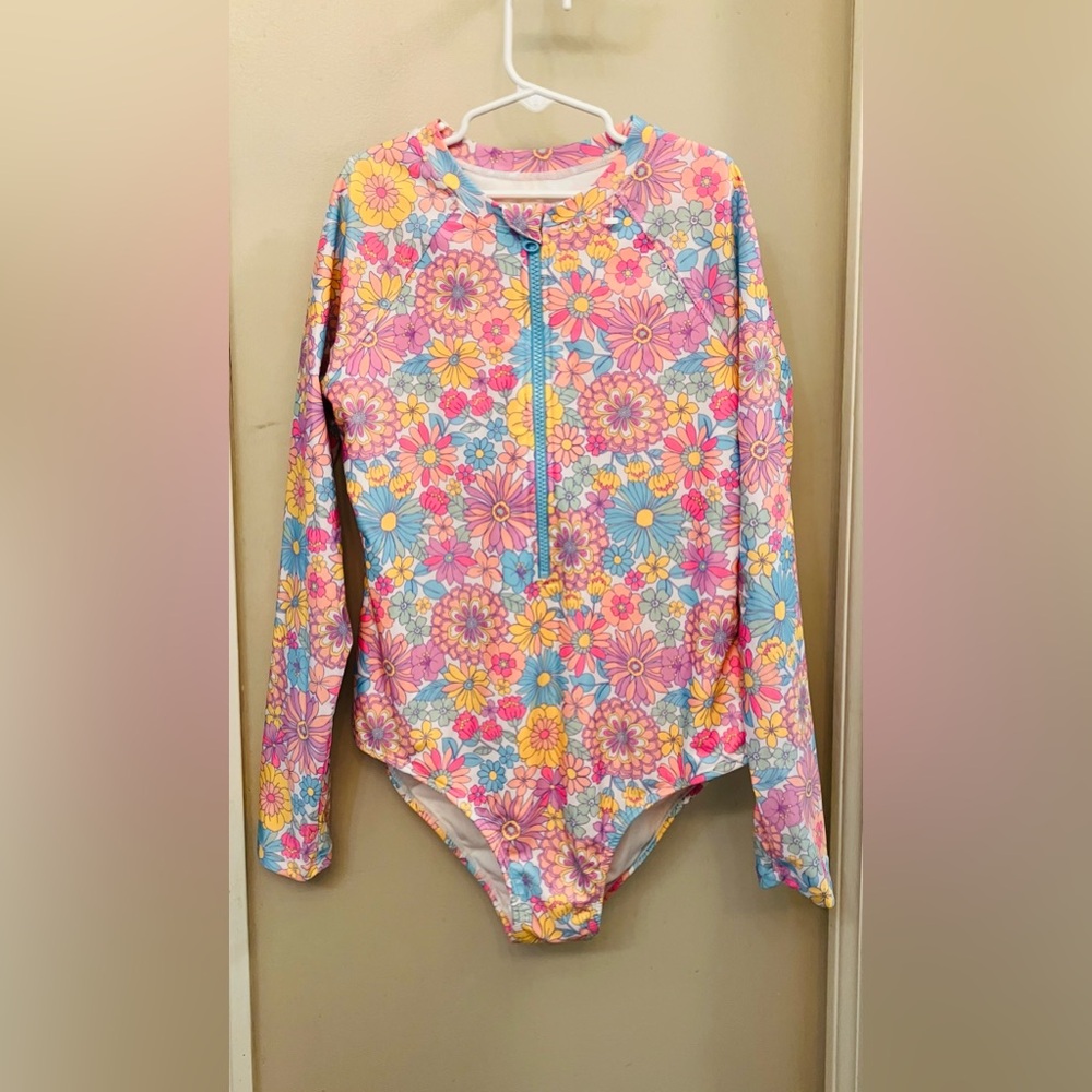 Girls Floral Sun Protection One Piece Bathing Suit Never Worn XLG 14/16